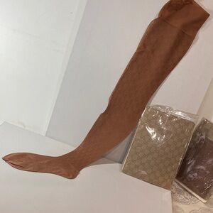 Rare Gucci GG Logo Nylons Thigh High Stockings Sheer Brown VTG NEW in Pkg 8.5